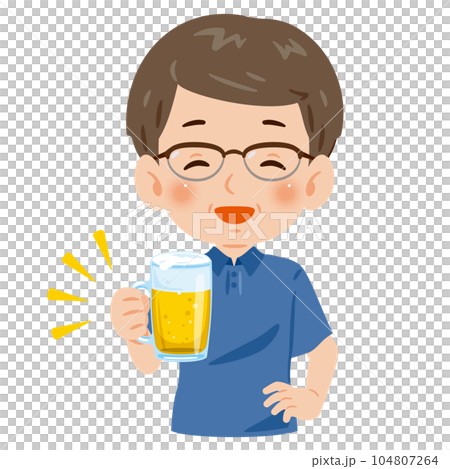 A smiling middle-aged man holding a beer mug 104807264