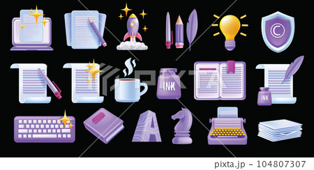 3D write author vector icon set, laptop article, creative story content sign, book paper document. 3D write author vector icon set, laptop article, creative story content sign, book paper document. 104807307
