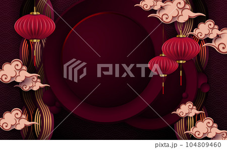 Illustration with asian lanterns on pendants and cloud paper style 104809460