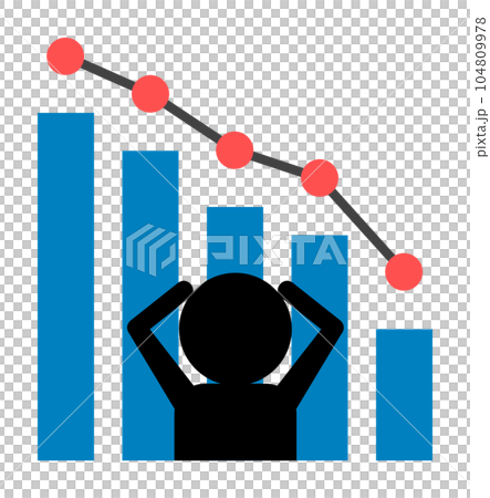 Illustration of a person who regrets and worries about looking at the aggregate graph that has fallen 104809978