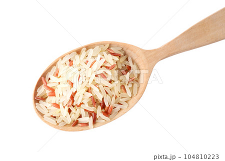 Mix of brown and polished rice in wooden spoon isolated on white, top view Mix of brown and polished rice in wooden spoon isolated on white, top view 104810223