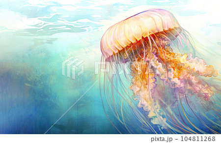 Large sea jellyfish under sea surface close up. Wild marine animals. Watercolor painting. Horizontal format. Copy space. Generated AI. 104811268