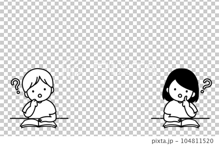 授業で考えている男の子と女の子　白黒 104811520