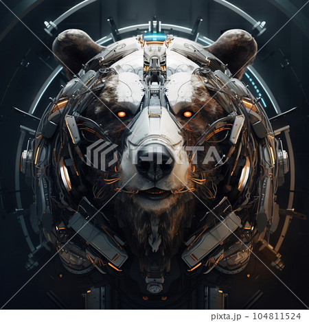 A bear head that is a futuristic machine of the future world. Wildlife Animals. Illustration, Generative AI. 104811524
