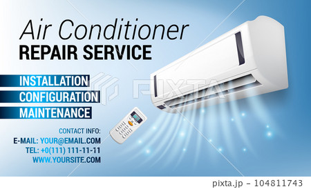 Air Conditioning Repair Flyer banner business card with Realistic detailed isometric 3d air conditioning blowing cold air in the room for home 104811743