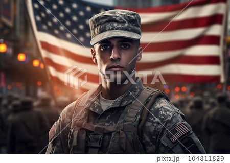 Image of a young male American soldier on duty during Veterans Memorial Day. 104811829