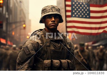 Image of a male American soldier on duty during Veterans Memorial Day. 104811830