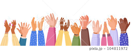 Applauding arms. Human clapping hands with different skin colours, man and woman arms cheering or greeting gesture, people diversity applause flat vector illustration set. Hands clapping 104811972
