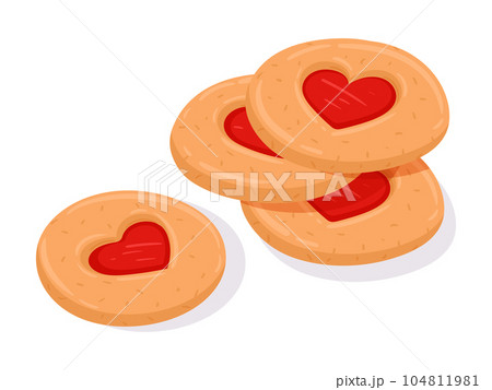Cartoon cherry thumbprint cookies. Heart jam cookies with drop of jam. Heart linzer cookies for Valentine's day flat vector illustration 104811981