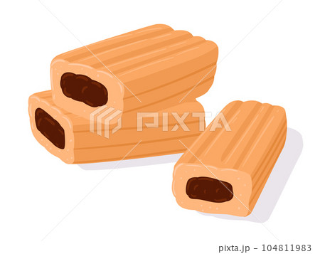 Cartoon cookie rolls. Homemade tasty cookies with chocolate filling. Cookie choco bar flat vector illustration 104811983