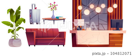 Cartoon set of hotel lobby design elements 104812071