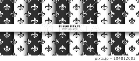 Vector Seamless Pattern with Vintage 3d Realistic White and Black Fleur De Lis. Heraldic Lily Texture, Retro Pattern for Wallpaper, Textile. Vector Illustration 104812083