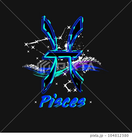 Grunge label with icon of zodiac sign Pisces with constellation, text, paint splatter, smudge, brush strokes. Horoscope esoteric element of the element of water. For decoration in street style Grunge label with icon of zodiac sign Pisces with constellation, text, paint splatter, smudge, brush strokes. Horoscope esoteric element of the element of water. For decoration in street style 104812380