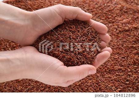 Woman holding brown rice over pile of grains, top view Woman holding brown rice over pile of grains, top view 104812896