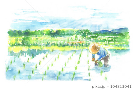 水彩で描いた田舎の田んぼの風景 104813041