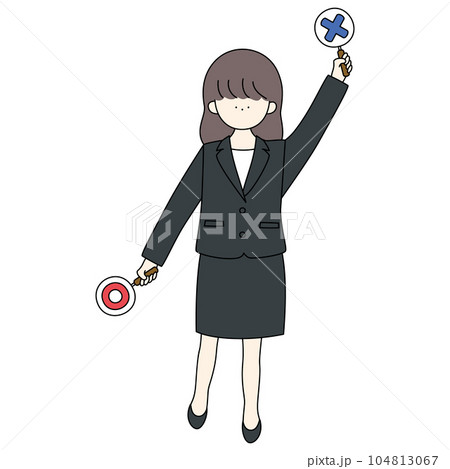 バツの札を上げるスーツの女の子 104813067