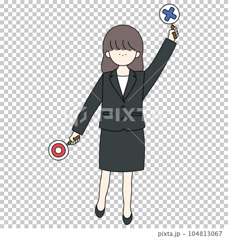 バツの札を上げるスーツの女の子 104813067