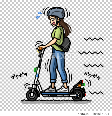 Illustration material of a woman running on an electric kickboard on a bumpy road Illustration material of a woman running on an electric kickboard on a bumpy road 104813094