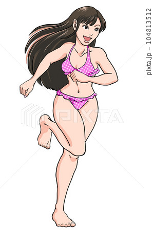 水着ではしゃいでいる・走っている若い女の子_ピンクビキニのイラスト