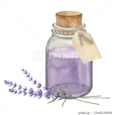 Lavender Essential Oil. Hand drawn watercolor illustration of vintage Bottle for aromatherapy on white isolated background. Drawing of old Flacon with Flowers for cosmetic or alternative medicine. Lavender Essential Oil. Hand drawn watercolor illustration of vintage Bottle for aromatherapy on white isolated background. Drawing of old Flacon with Flowers for cosmetic or alternative medicine. 104814009