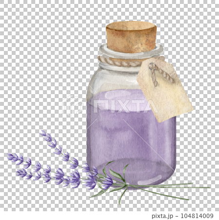 Lavender Essential Oil. Hand drawn watercolor illustration of vintage Bottle for aromatherapy on white isolated background. Drawing of old Flacon with Flowers for cosmetic or alternative medicine. Lavender Essential Oil. Hand drawn watercolor illustration of vintage Bottle for aromatherapy on white isolated background. Drawing of old Flacon with Flowers for cosmetic or alternative medicine. 104814009