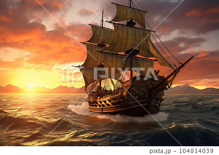 Small sailing ship in the open sea at sunset. Small sailing ship in the open sea at sunset. 104814039