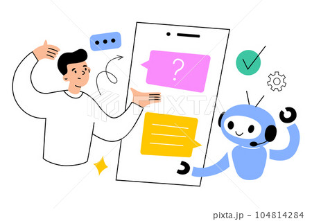 Ai chat application. Conversation with artificial intelligence. Robot helps human answer question. Online support, customer service. Man asks bot, hand drawn composition. Vector illustration Ai chat application. Conversation with artificial intelligence. Robot helps human answer question. Online support, customer service. Man asks bot, hand drawn composition. Vector illustration 104814284
