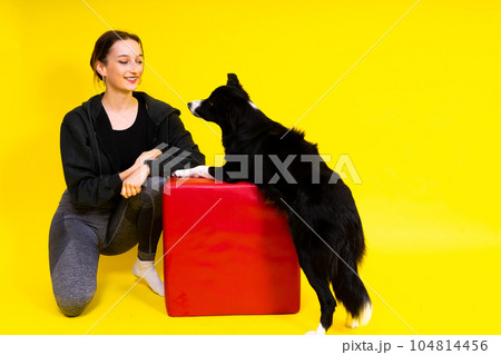 Woman walking and getting exercise for both herself and her border collie dog. 104814456