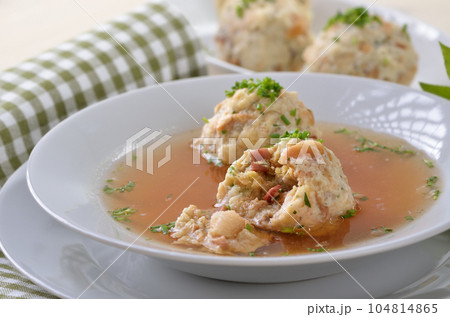 Delicious South Tyrolean bacon dumpling soup 104814865