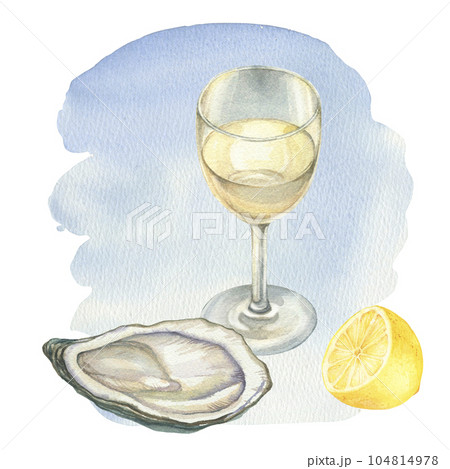Glass of white wine, oyster and lemon watercolor illustration. Hand drawn composition. Restaraunt menu, invitation card 104814978