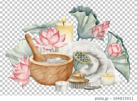 Body care Spa cosmetic with mortar and towel. Hand drawn watercolor illustration with toiletries and pink lotus flowers on white isolated background. Skincare products for massage salon icon or logo. Body care Spa cosmetic with mortar and towel. Hand drawn watercolor illustration with toiletries and pink lotus flowers on white isolated background. Skincare products for massage salon icon or logo. 104815011