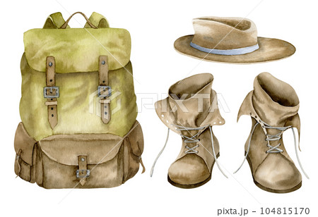 Set with Vintage Backpack, leathery Boots and Hat. Hand drawn watercolor illustration of travel equipment on white isolated background for adventure and tourism. Drawing of old retro bag for hiking. 104815170