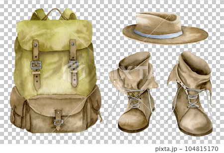 Set with Vintage Backpack, leathery Boots and Hat. Hand drawn watercolor illustration of travel equipment on white isolated background for adventure and tourism. Drawing of old retro bag for hiking. 104815170