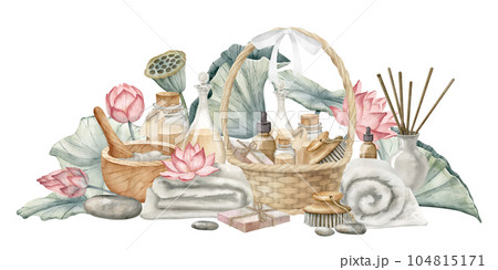 Spa eco products in basket of cosmetics and pink lotuses. Hand drawn watercolor illustration of body care toiletries and flowers on isolated white background. Drawing of skin care oils and soap. 104815171