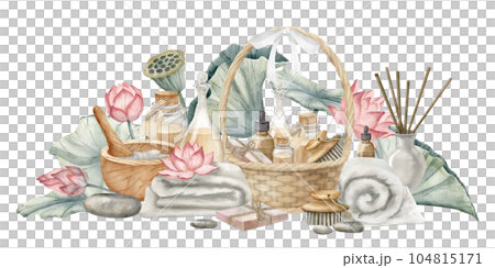 Spa eco products in basket of cosmetics and pink lotuses. Hand drawn watercolor illustration of body care toiletries and flowers on isolated white background. Drawing of skin care oils and soap. 104815171