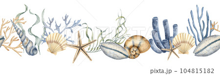 Seabed seamless Pattern. Hand drawn watercolor illustration of undersea pattern with corals, seaweeds and corals on white isolated background. Drawing of underwater frame for banner in nautical style. 104815182