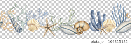 Seabed seamless Pattern. Hand drawn watercolor illustration of undersea pattern with corals, seaweeds and corals on white isolated background. Drawing of underwater frame for banner in nautical style. 104815182