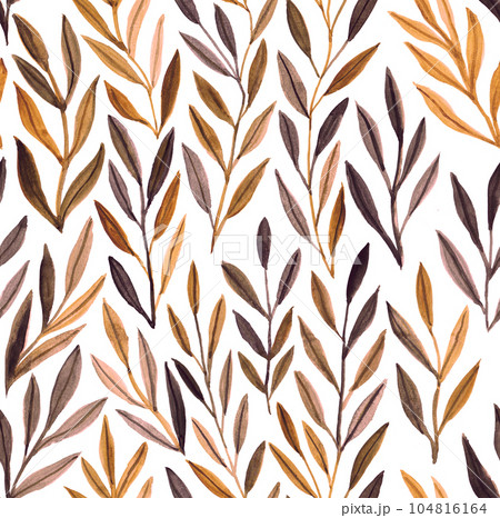 Brown watercolor leaf seamless pattern. Composition of green leaves and branches on a white background, perfect for wrappers, wallpapers, postcards, greeting cards Brown watercolor leaf seamless pattern. Composition of green leaves and branches on a white background, perfect for wrappers, wallpapers, postcards, greeting cards 104816164