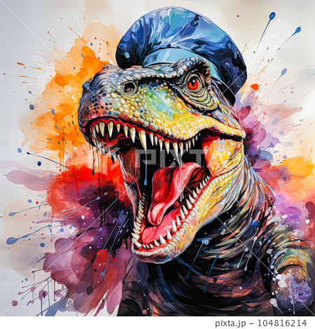 Tyrannosaurus in a policeman's hat shows grin Tyrannosaurus in a policeman's hat shows grin 104816214