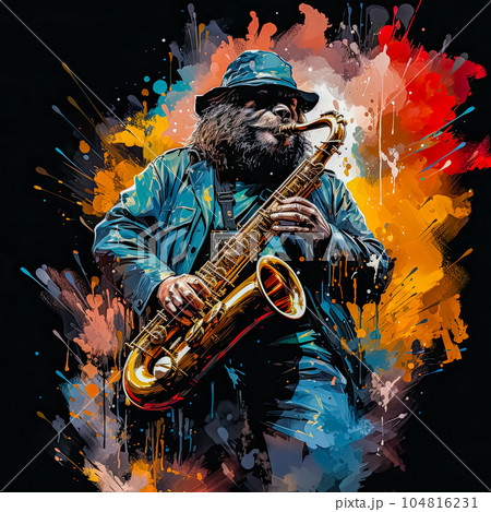 Bear in costume playing saxophone 104816231