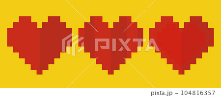A set red pixel silhouette in the form of a hearton a yellow background. 104816357