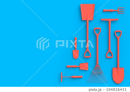 Garden shovel, pitchfork and rake on monochrome background, camping concept Garden shovel, pitchfork and rake on monochrome background, camping concept 104816431