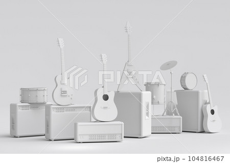 Set of electric acoustic guitars, amplifiers and drums with cymbal on monochrome 104816467