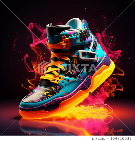 Futuristic Fashion Sneakers on Vivid Abstract Background 104816633
