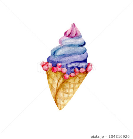 Colorful pink , purple and blue ice-cream in waffle cone watercolor illustration Colorful pink , purple and blue ice-cream in waffle cone watercolor illustration 104816926