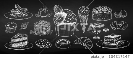Chalk sketh vector illustration set of desserts and bakery 104817147