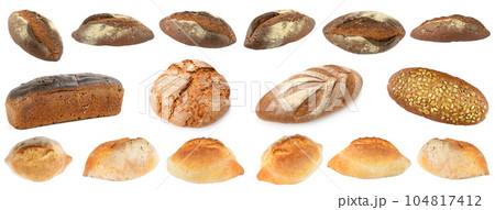 Large set of white and black bread isolated on white Large set of white and black bread isolated on white 104817412