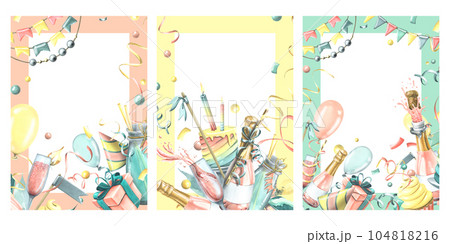 Vertical birthday cards with pink champagne, balloons, gifts, confetti, flags, cakes. Watercolor illustration, hand drawn. A set frames template for text on a white background. 104818216
