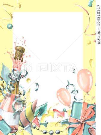 Vertical birthday card with pink champagne, balloons, gifts, confetti, flags. Watercolor illustration, hand drawn. Frame template for text on a white background. 104818217