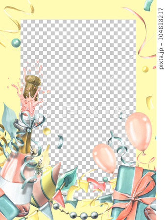 Vertical birthday card with pink champagne, balloons, gifts, confetti, flags. Watercolor illustration, hand drawn. Frame template for text on a white background. 104818217